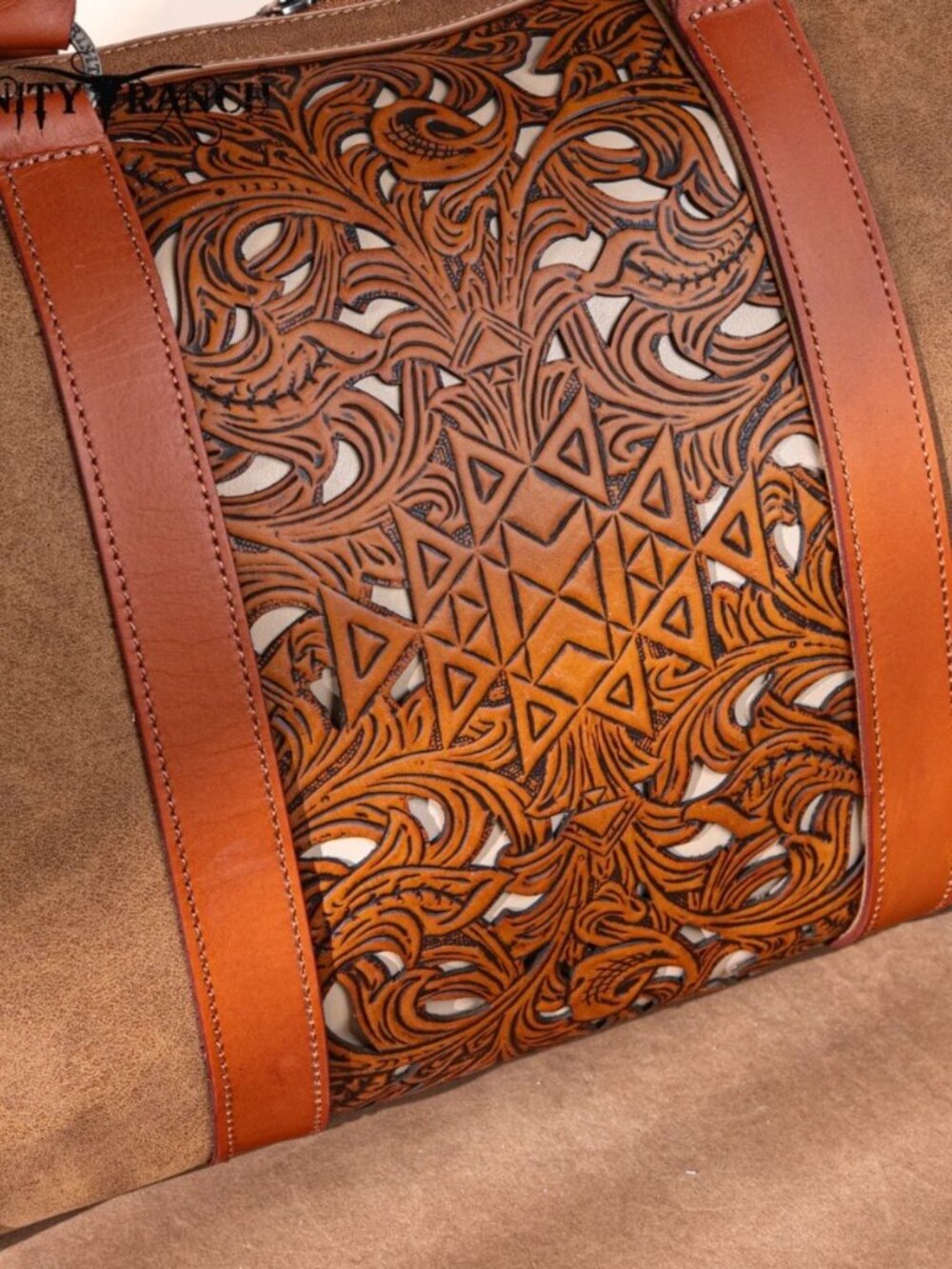 Trinity Ranch Floral Aztec Tooled Collection Weekender Bag Brown - Picture 6 of 8